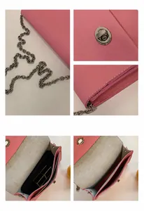Dettaglio borsa a tracolla rosa in pelle con spazio interno per cellulare e rossetto