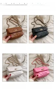 Detailed comparison of quilted crossbody chain bags in brown, black, white, and pink leather