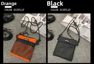 Detail view of nylon crossbody bags with mesh pockets and adjustable rope straps