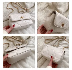Detail view of white quilted crossbody bag with gold hardware and chain strap from four angles