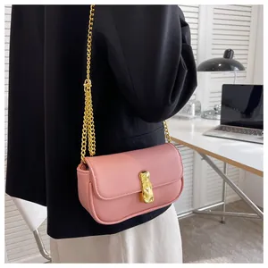 Dettaglio della borsa baguette rosa con tracolla a catena dorata e fibbia alla moda