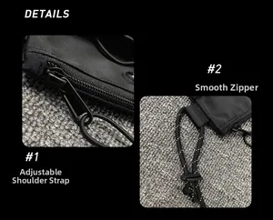 Detail of smooth metal zipper pull and adjustable rope shoulder strap on nylon bag