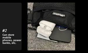 Detail showing inner capacity of nylon mini bag for phone, power bank and earbuds