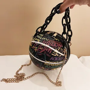 Graffiti basketball shaped crossbody bag with colorful prints and plastic chain