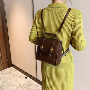 Klassieke donkerbruine PU-lederen mini-rugzak en handtas met vintage gesp voor dames