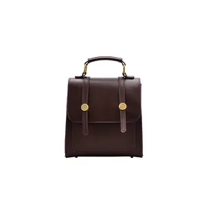 Vintage donkerbruine PU-lederen rugzak voor dames met klepsluiting en gouden gespen