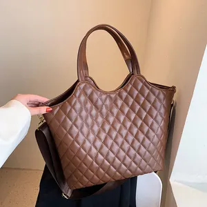 French Style Quilted PU Leather Tote Bag Large Capacity Rhombus Pattern Shoulder Bag Handbag With Gold Hardware For Women