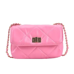 Chic pink quilted faux leather chain crossbody bag with golden square metal twist lock