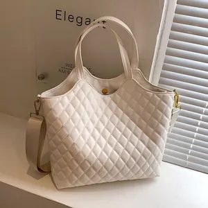French style quilted tote bag in cream white with gold hardware and long strap