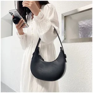 Women Minimalist PU Leather Crescent Underarm Bag Solid Color Shoulder Bag Fashion Half Moon Handbag For Daily Dating Travel