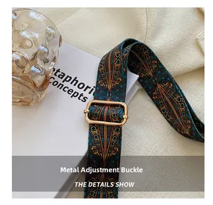Detail of adjustable gold metal buckle on bohemian geometric pattern fabric bag strap