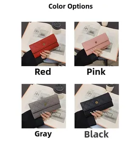 Dettaglio dei portafogli lunghi trapuntati da donna nei colori rosso rosa grigio e nero