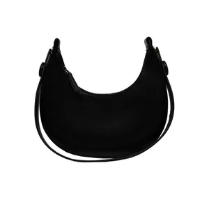 Minimalist black half-moon shoulder bag in smooth leather finish for women