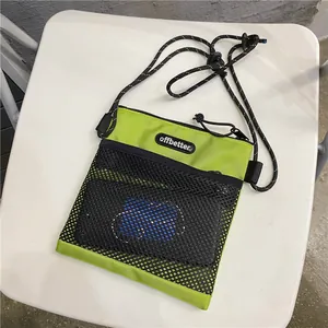 Nylon Mini Crossbody Bag with Mesh Pocket Adjustable Rope Strap Fashion Streetwear Small Square Phone Pouch For Men Women