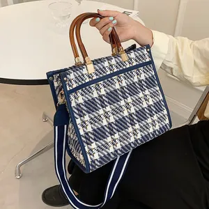 Vintage Tweed Plaid Tote Bag For Women With Resin Handle Striped Wide Shoulder Strap Large Capacity Handbag Shoulder Bag