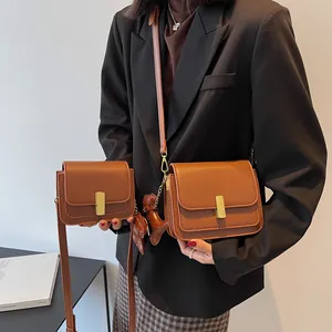 Women Vintage PU Leather Crossbody Bag Small Square Shoulder Bag With Metal Buckle Dog Charm Retro Minimalist Handbag