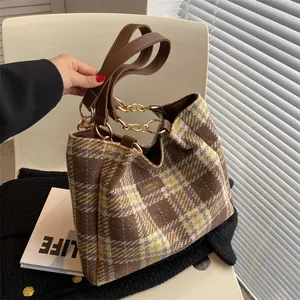 Borsa Tote a Quadri da Donna Grande Capacità in Lana Tweed Vintage Tracolla in Pelle per Pendolarismo Moda Autunno Inverno