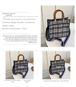 Detail showing vintage plaid tote bag with amber handles and striped wide shoulder strap