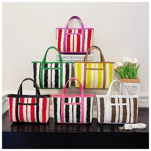 Borsa Tote a Righe di Grande Capacità per Donna Estate Casual in Tela PU Con Tracolla Regolabile Borsa a Tracolla