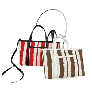 Borse tote moderne in tela a righe da donna con manici in pelle in rosso e marrone