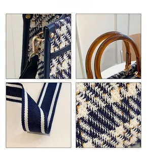 Detail shots of plaid tweed tote featuring amber resin handles and striped strap