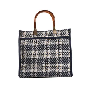 Retro plaid tweed tote bag with resin handles and detachable wide shoulder strap