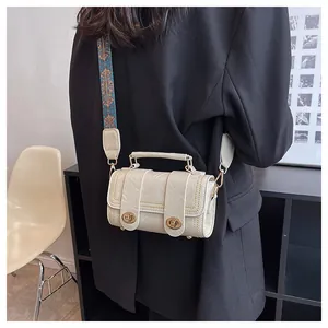 Detail of cream mini crossbody bag with gold hardware and ethnic style wide strap