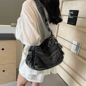Borsa a Tracolla da Donna in Denim Stile Harajuku Giapponese Grande Capacità Messenger Bag Con Tasche Multiple a Cerniera Lavabile