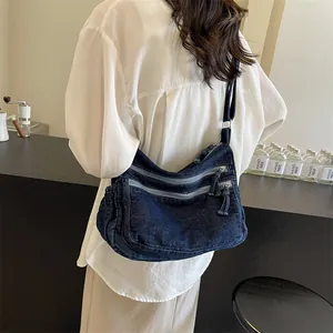 Borsa a tracolla in denim blu scuro stile giapponese con scomparti multipli a zip