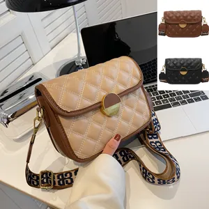 Vintage Quilted Diamond Pattern Crossbody Bag For Women Fashion PU Leather Small Square Bag With Wide Jacquard Strap Gold Metal Buckle Shoulder Bag