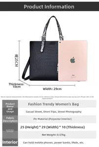 Detailed size comparison of the black tote bag with an iPad showing dimensions and weight