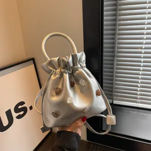 Mode Damen PU Leder Eimertasche Strass Dekorative Steine Kordelzug Handtasche Schultertasche Umhängetasche Schmuck Akzent Tasche
