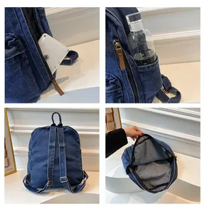 Macro view of blue denim backpack detail showing side pockets and large storage space