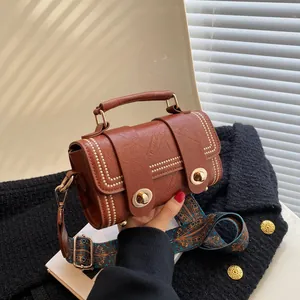Vintage PU Leather Crossbody Bag For Women Retro Rivet Square Shoulder Bag With Ethnic Style Print Wide Strap Metal Lock