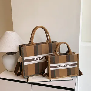 Set borse tote in tela a righe vintage con testo MYCARE e ampia capacità interna