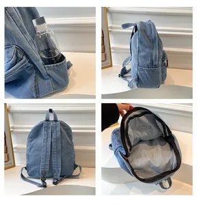 Detailed view of casual blue denim backpack showing side pockets and interior storage