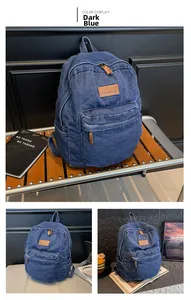 Detail of vintage deep blue denim backpack with brown leather logo and zipper pulls