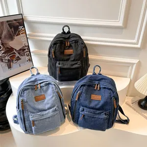 Large Capacity Denim Backpack Vintage Washed School Bag Fashion Student Travel Daypack With Leather Labels Multi Pockets Handbag