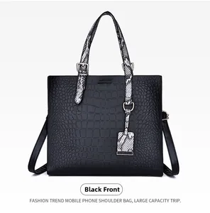Front view of black crocodile pattern tote bag with snake skin straps and silver hardware
