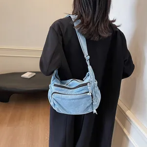 Vintage Washed Denim Messenger Bag For Women Casual Multi Pocket Crossbody Bag Retro Denim Shoulder Bag College Style Hobo Bag