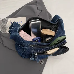 Deep blue washed denim crossbody tote bag with large capacity for daily commuting