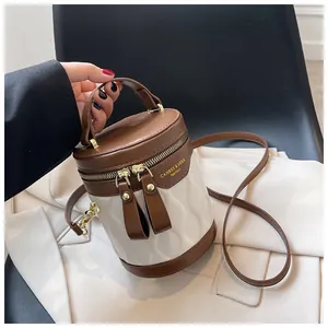 Detail of a brown and white color-block bucket bag with gold hardware and top handle