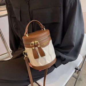 Women Color Blocking PU Leather Bucket Bag Fashion Wave Quilted Handbag Small Cylinder Crossbody Bag Gold Hardware Daily Purse
