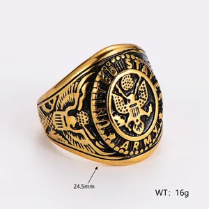 Macro detail of US Army eagle emblem ring showing 24.5mm width and golden vintage texture