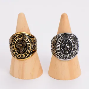 Vintage United States Army eagle badge rings in gold and silver stainless steel finish