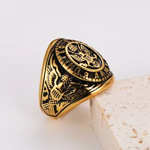 Vintage gold United States Army eagle signet ring with black enamel for men