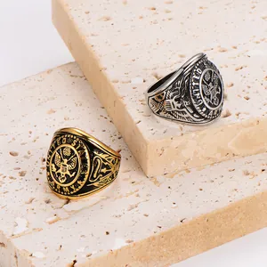Vintage Stainless Steel Eagle Emblem Ring Men Military Style Retro Gold Silver Punk Hip Hop Statement Jewelry Ring For Daily