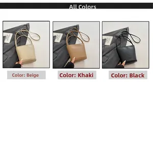 Detailed comparison of lychee pattern bucket bags in beige, khaki, and black finishes