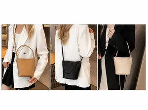 Litchi pattern bucket bag shown in caramel, black, and beige with multiple carry options
