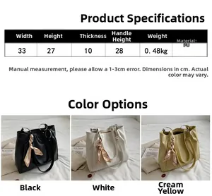 Detailed size chart for the large PU leather tote bag with dimensions and weight data